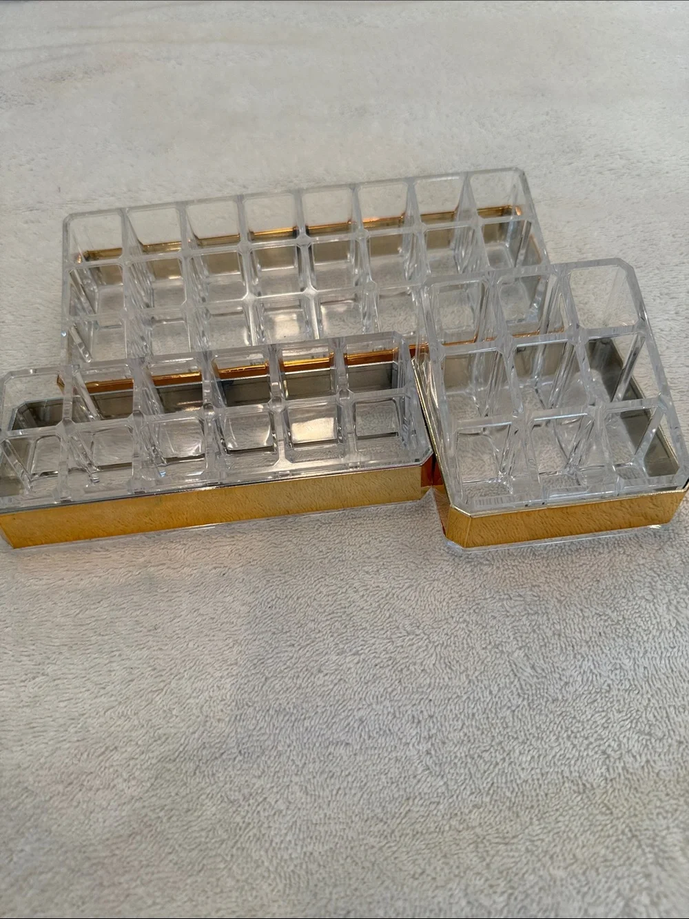 Clear Acrylic & Gold Makeup Organizers - Multi-Compartment Cosmetic Storage